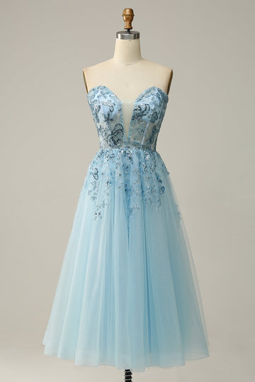 A Line Midi Sweetheart Sequins Sky Blue Formal Dress